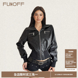 FUNOFF 复古黑色拉链立领皮衣夹克秋街头机能收腰短外套上衣 美式