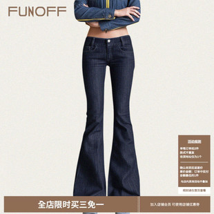 直筒休闲裤 FUNOFF 简约修身 复古原色牛仔口袋低腰喇叭长裤 女 美式