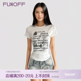 FUNOFF T恤简约百搭圆领收腰上衣女 美式 复古白色涂鸦字母印花短袖