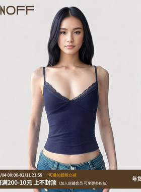 FUNOFF 美式复古简约V领低胸蓝色吊带背心性感露背收腰内搭上衣女