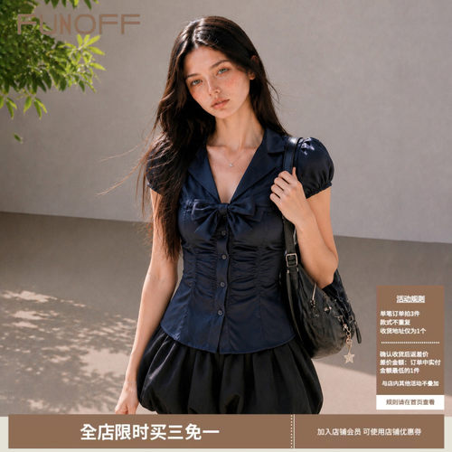 美式bm蓝色蝴蝶结低胸泡泡袖衬衫
