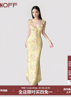 FUNOFF 法式bm风黄色网纱印花小飞袖吊带连衣裙长裙包臀露背长裙