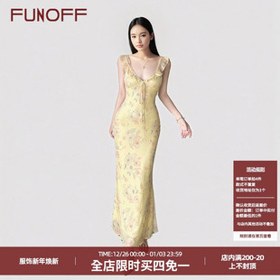 吊带连衣裙长裙包臀露背长裙 bm风黄色网纱印花小飞袖 FUNOFF 法式
