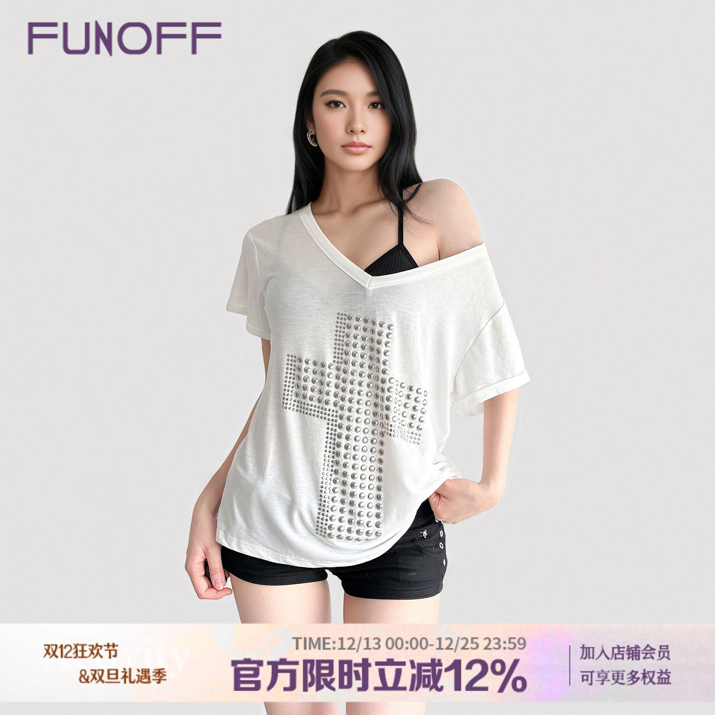 美式复古V领斜肩烫钻宽松短袖T恤