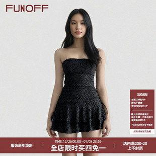 FUNOFF 复古黑色蕾丝拼接收腰抹胸连衣裙性感露锁骨A字蛋糕短裙夏