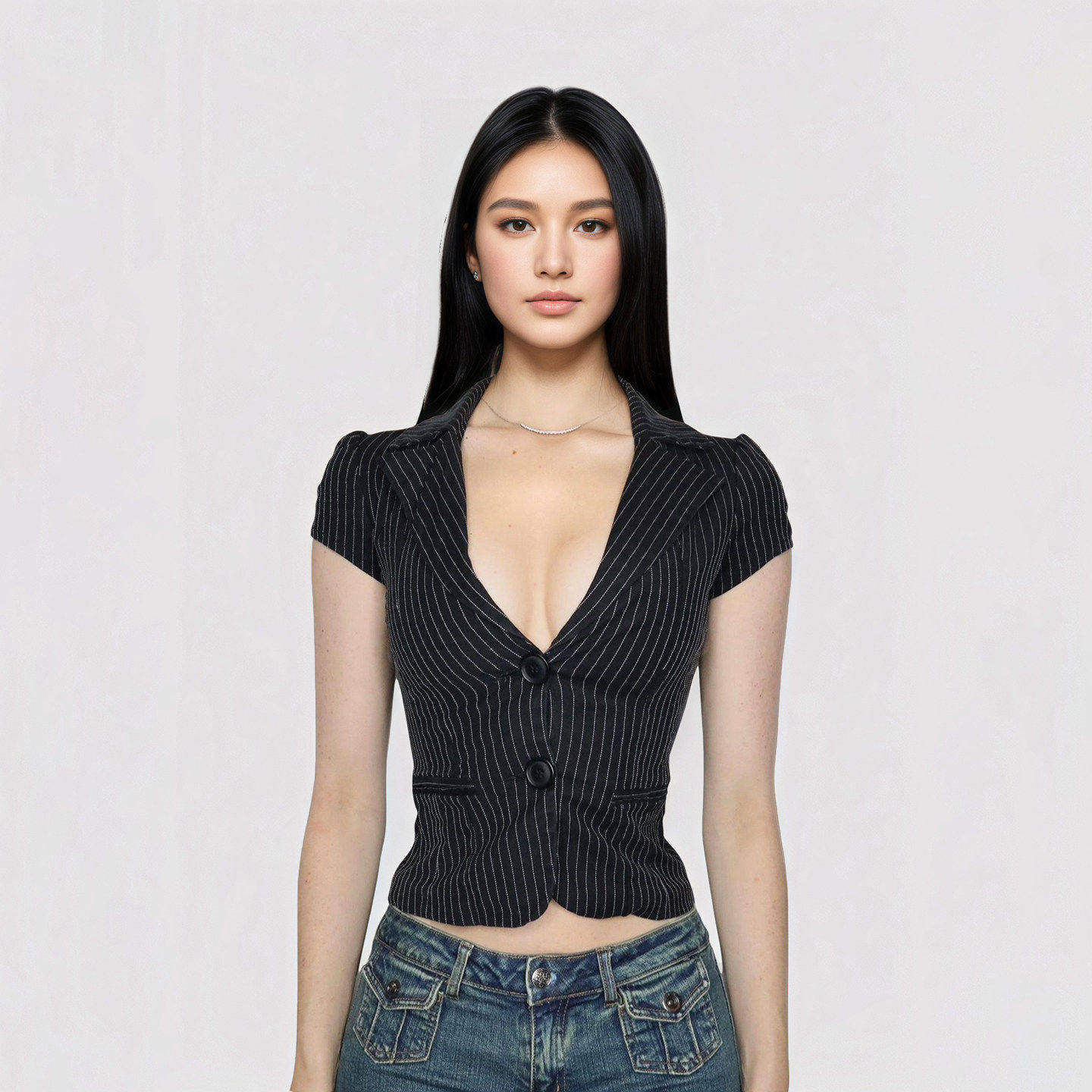 FUNOFF 海妖风黑色条纹低胸V领短袖衬衫性感翻领收腰纽扣西装上衣
