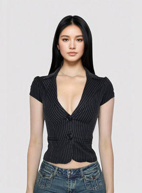 FUNOFF 海妖风黑色条纹低胸V领短袖衬衫性感翻领收腰纽扣西装上衣