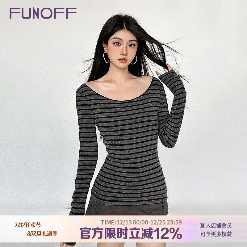 复古灰色miu系条纹斜肩轻薄长袖