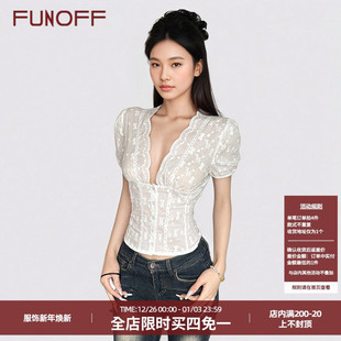 衬衫 复古白色蕾丝V领低胸短袖 夏性感纯色收腰T恤上衣 法式 FUNOFF