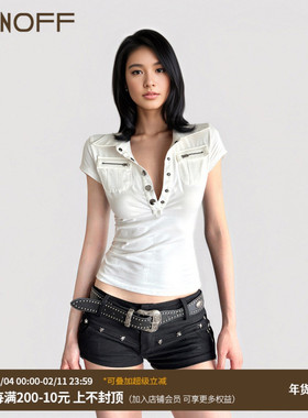 FUNOFF美式复古V领低胸白色短袖衬衫2025夏简约POLO领收腰T恤上衣