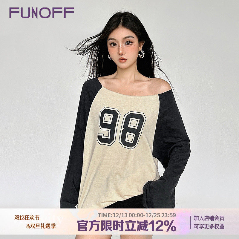 美式复古数字印花斜肩长袖T恤秋