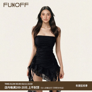 FUNOFF 复古黑色蕾丝不规则抹胸叠穿背心性感收腰飘带连衣超短裙