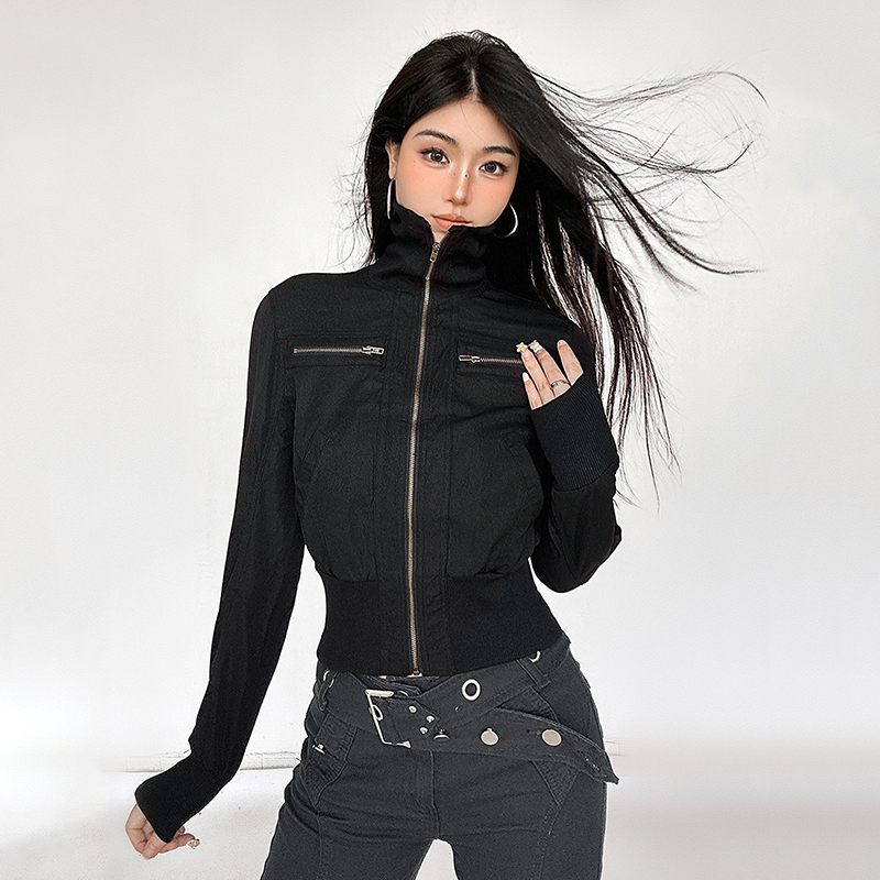 巴恩风黑色立领口袋拉链外套秋冬