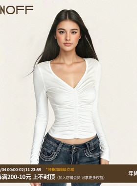 FUNOFF 美式简约白色V领褶皱长袖T恤街头性感低胸收腰打底上衣女