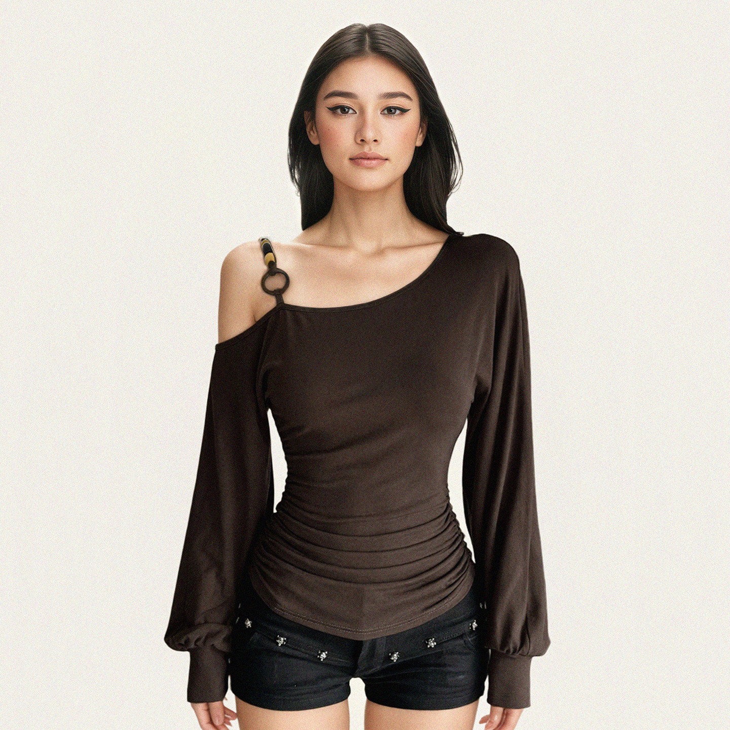 美式复古棕色斜肩串珠灯笼长袖T