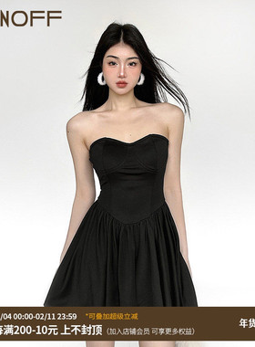 FUNOFF 辣妹黑色鱼骨束腰抹胸百褶气质连衣短裙新款女夏季A字裙子