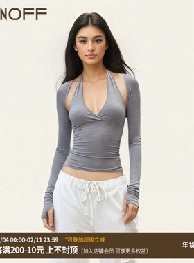 FUNOFF 美式简约灰色V领低胸挂脖吊带背心长袖坎肩真两件套装上衣