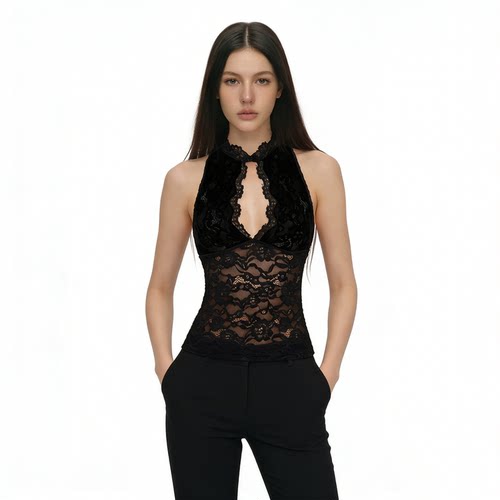 美式复古黑色蕾丝镂空无袖背心女