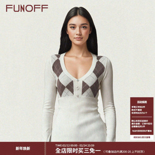 FUNOFF 美式复古低胸收腰毛织长袖2025秋冬学院风菱格打底衫上衣