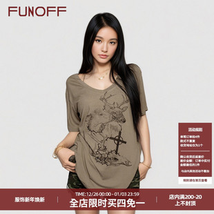 T恤街头亚文化宽松上衣 复古卡其色麋鹿印花一字肩短袖 FUNOFF 美式