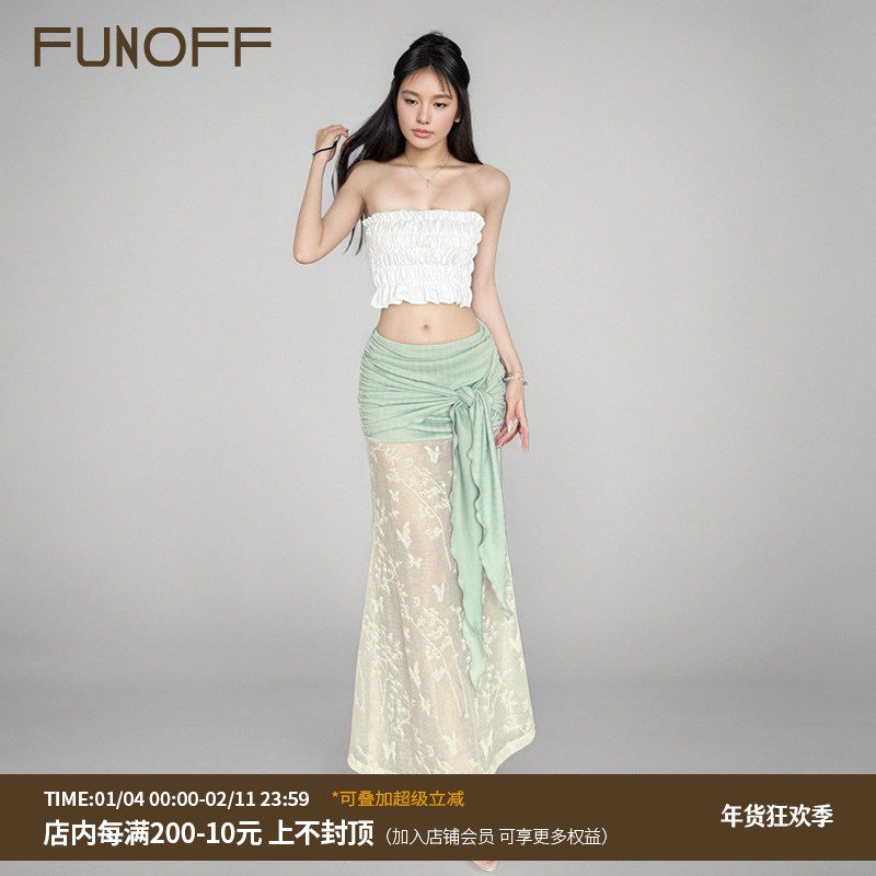 FUNOFF 新中式绿色蕾丝绑带透视半身裙复古性感褶皱低腰鱼尾长裙