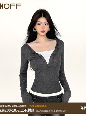 FUNOFF 美式复古灰色纽扣撞色假两件长袖T恤秋简约紫色收腰上衣女
