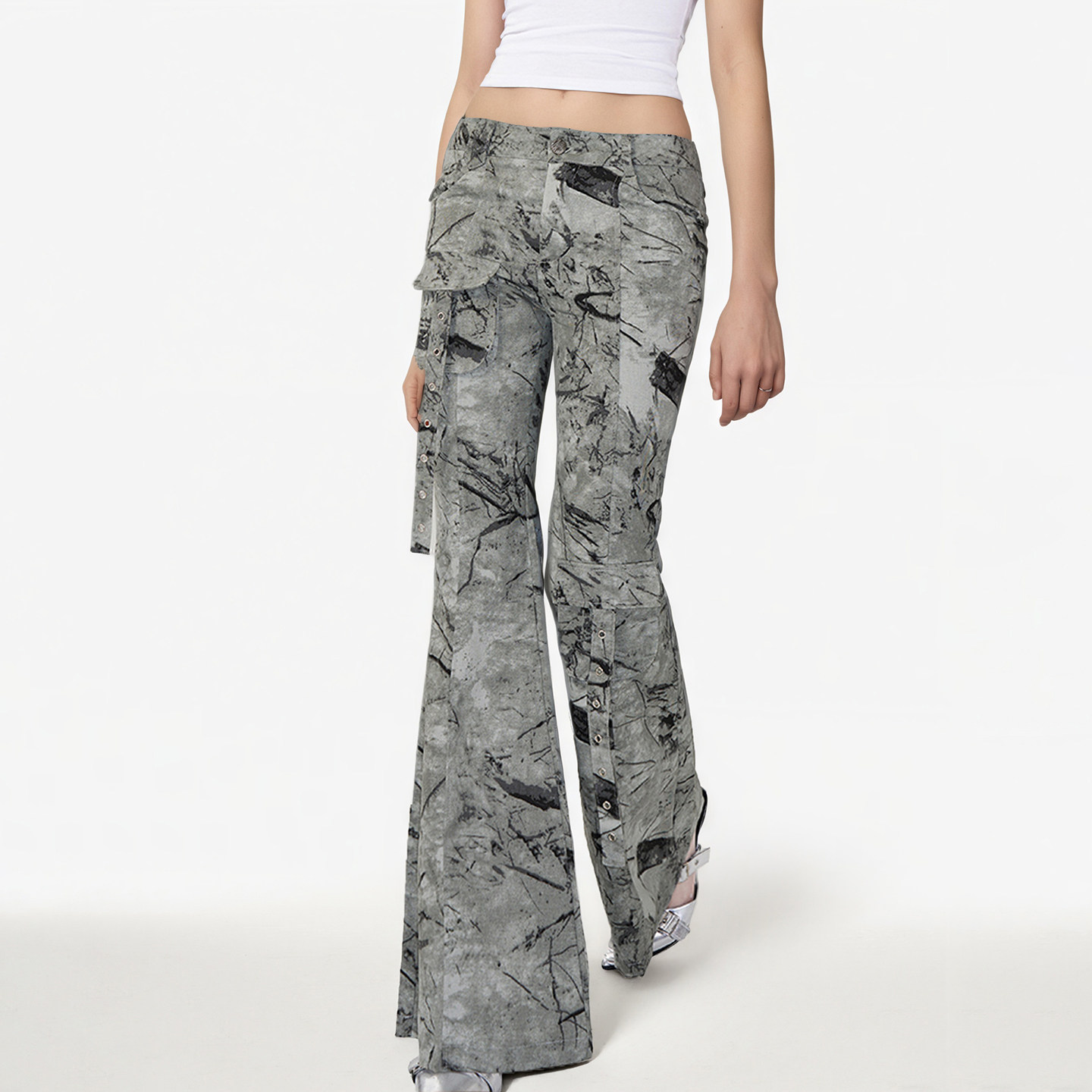 FUNOFF美式复古灰色工装低腰微喇牛仔裤女街头轻亚多口袋修身长裤,女装/女士精品,牛仔裤,淘宝优惠券,粉丝福利购,淘宝优惠卷