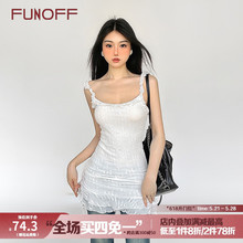 FUNOFF 不规则叠穿双层荷叶边方领黑色吊带连衣裙包臀短裙女夏季