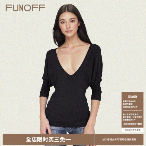 FUNOFF美式复古黑色V领蝙蝠长袖针织中袖2026春低胸性感收腰上衣