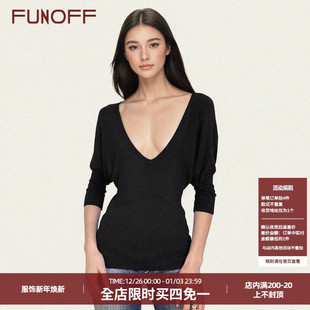 2025秋低胸性感收腰上衣 针织中袖 FUNOFF美式 复古黑色V领蝙蝠长袖