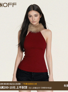 FUNOFF 美式复古红色毛领拼接无袖背心新年简约修身收腰针织上衣