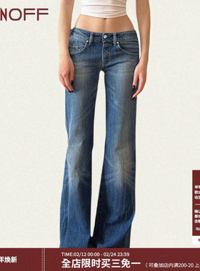 FUNOFF 美式复古蓝色做旧磨白低腰牛仔裤简约通勤口袋直通长裤女