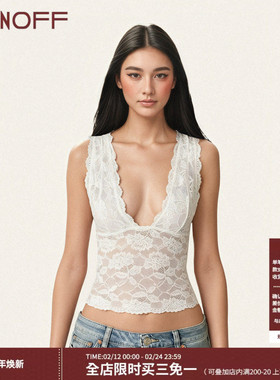 FUNOFF 法式复古白色蕾丝低胸吊带背心性感黑色透视露背内搭上衣