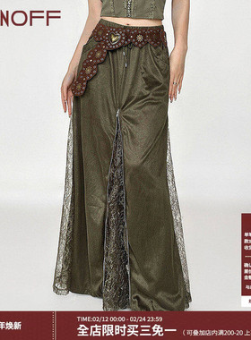 FUNOFF 绿色复古重工蕾丝拼接裙子女夏vintage古着小众长款半身裙