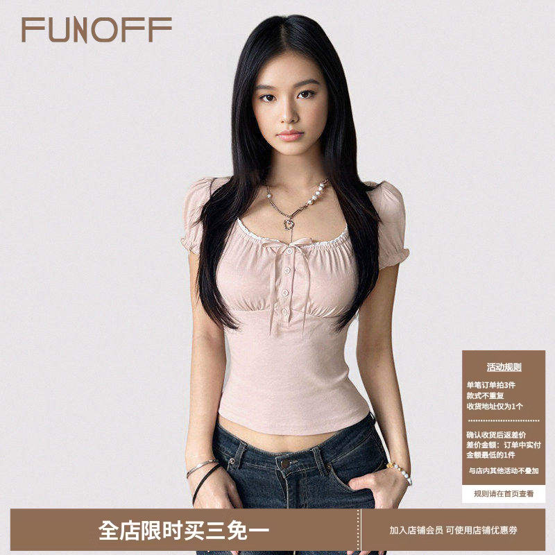 FUNOFF 法式粉色花边收腰泡泡短袖T恤2026春夏简约修身少女感上衣