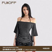复古条纹一字肩挂脖蝙蝠短袖 FUNOFF 美式 T恤简约露肩绑带收腰上衣
