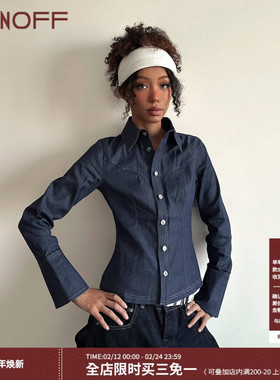 FUNOFF 美式复古深蓝色纽扣牛仔长袖衬衫街头简约分割收腰上衣秋