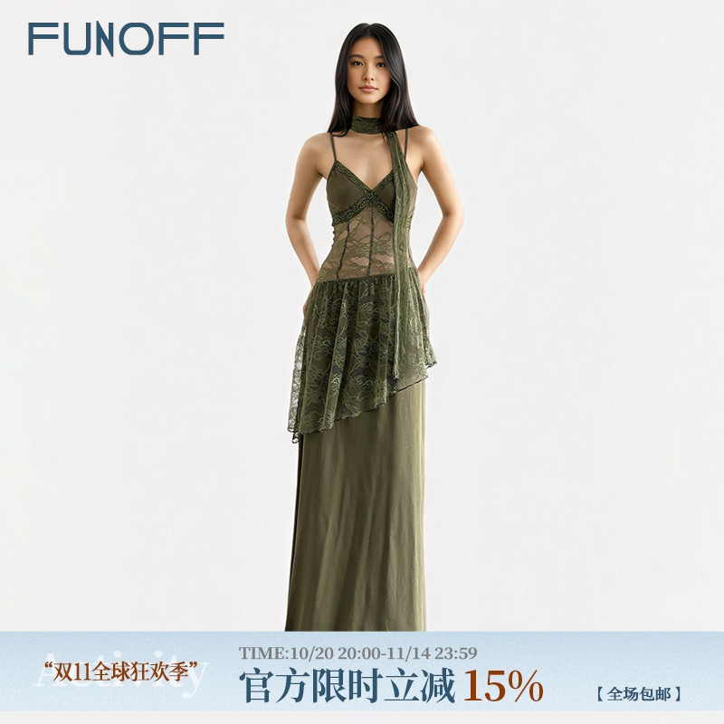 古着vintage绿色蕾丝吊带连衣裙