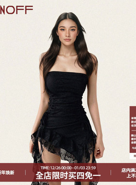 FUNOFF 复古黑色蕾丝不规则抹胸叠穿背心性感收腰飘带连衣超短裙