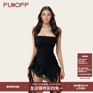 FUNOFF 复古黑色蕾丝不规则抹胸叠穿背心性感收腰飘带连衣超短裙
