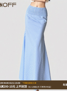 FUNOFF 法式简约蓝色格纹打揽包臀半身裙性感低腰显瘦鱼尾长裙夏