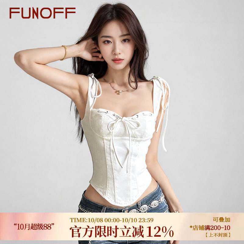 FUNOFF 简约白色绑带分割束腰吊带背心性感低胸分割收腰显瘦上衣