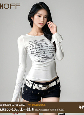 FUNOFF 简约基础字母印花白色长袖T恤2025春百搭喇叭袖收腰上衣女