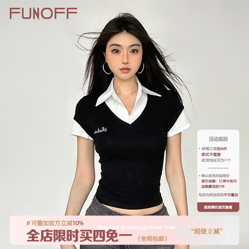 美式复古假两件POLO领长短袖上衣