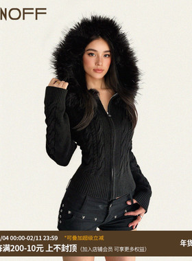 FUNOFF 美式复古黑色毛领麻花拉链毛衣外套秋冬简约长袖针织上衣