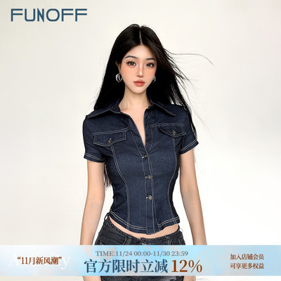 美式复古蓝色仿牛仔V领短袖衬衫