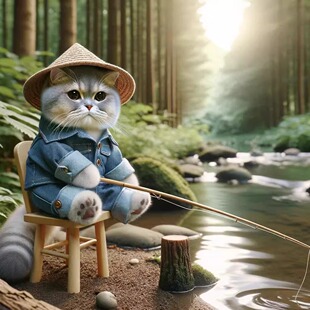 饰挂画自粘防水墙贴 可爱呆萌猫咪钓鱼图案贴画大张高清海报墙面装