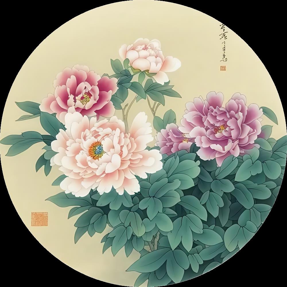 新中式圆形牡丹花装饰画客厅卧室玻璃推拉门工笔画花开富贵自粘贴图片
