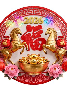 红色圆形马年福字招财纳福贴纸装饰客厅玄关冰箱门窗墙面防水贴画