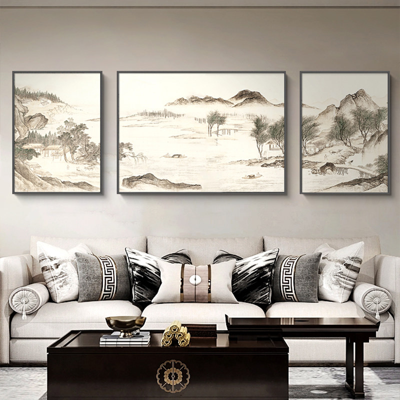 湖山春暖图客厅三联装饰画新中式茶室山水风景壁画包间背景墙挂画